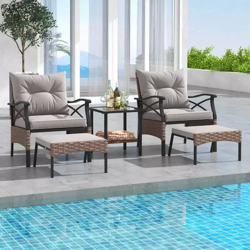Ensemble de Meubles de jardin 5 pièces avec Table Basse à 2 Niveaux et 2 poufs Coussins Inclus – Sanzelize Design
