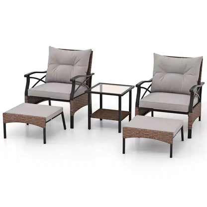 Ensemble de Meubles de jardin 5 pièces avec Table Basse à 2 Niveaux et 2 poufs Coussins Inclus – Sanzelize Design