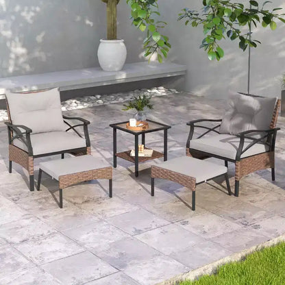 Ensemble de Meubles de jardin 5 pièces avec Table Basse à 2 Niveaux et 2 poufs Coussins Inclus – Sanzelize Design