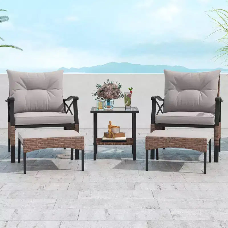 Ensemble de Meubles de jardin 5 pièces avec Table Basse à 2 Niveaux et 2 poufs Coussins Inclus – Sanzelize Design