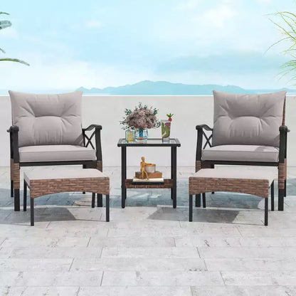 Ensemble de Meubles de jardin 5 pièces avec Table Basse à 2 Niveaux et 2 poufs Coussins Inclus – Sanzelize Design