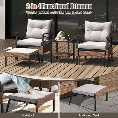 Ensemble de Meubles de jardin 5 pièces avec Table Basse à 2 Niveaux et 2 poufs Coussins Inclus – Sanzelize Design