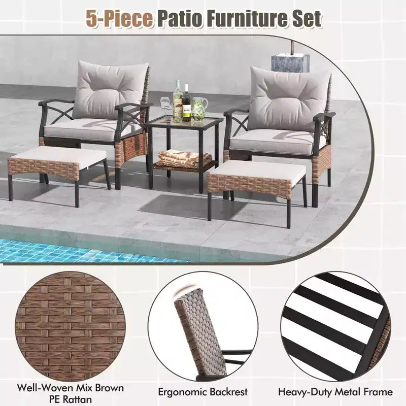 Ensemble de Meubles de jardin 5 pièces avec Table Basse à 2 Niveaux et 2 poufs Coussins Inclus – Sanzelize Design