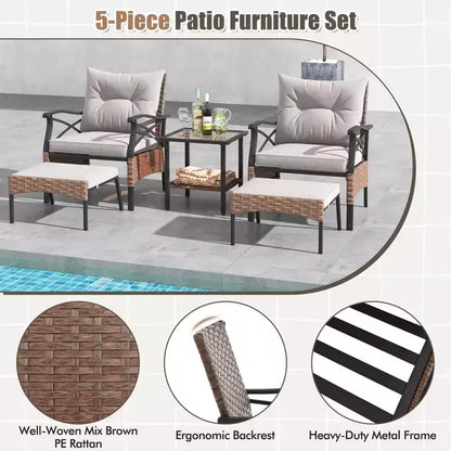 Ensemble de Meubles de jardin 5 pièces avec Table Basse à 2 Niveaux et 2 poufs Coussins Inclus – Sanzelize Design