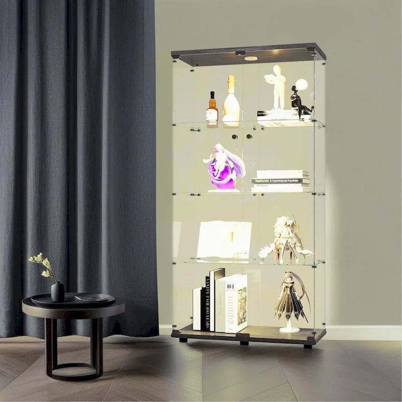 Vitrine en verre éclairée à deux portes avec 4 étagères, noire – Sanzelize Design
