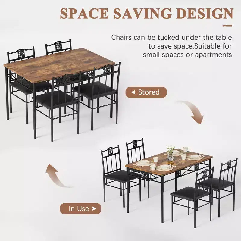 Ensembles table et chaises de salle à manger/cuisine en bois avec coussins en PU pour petit espace, marron rétro – Sanzelize Design