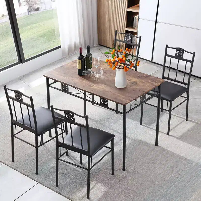 Ensembles table et chaises de salle à manger/cuisine en bois avec coussins en PU pour petit espace, marron rétro – Sanzelize Design