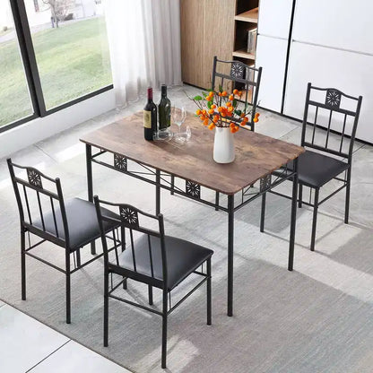 Ensembles table et chaises de salle à manger/cuisine en bois avec coussins en PU pour petit espace, marron rétro – Sanzelize Design
