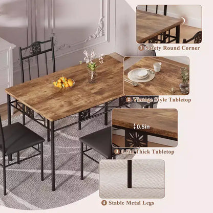 Ensembles table et chaises de salle à manger/cuisine en bois avec coussins en PU pour petit espace, marron rétro – Sanzelize Design