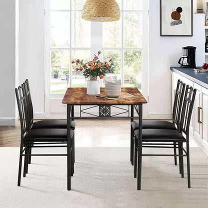 Ensembles table et chaises de salle à manger/cuisine en bois avec coussins en PU pour petit espace, marron rétro – Sanzelize Design