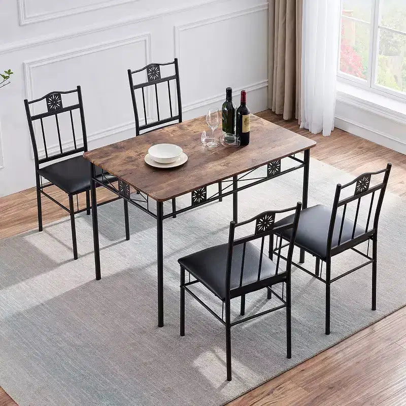 Ensembles table et chaises de salle à manger/cuisine en bois avec coussins en PU pour petit espace, marron rétro – Sanzelize Design
