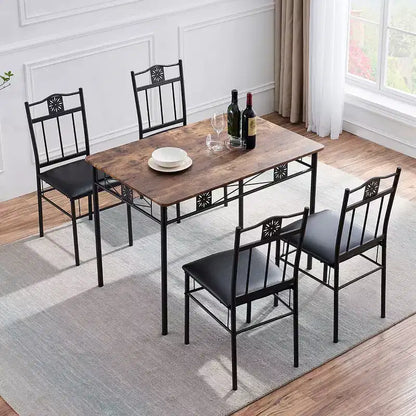 Ensembles table et chaises de salle à manger/cuisine en bois avec coussins en PU pour petit espace, marron rétro – Sanzelize Design