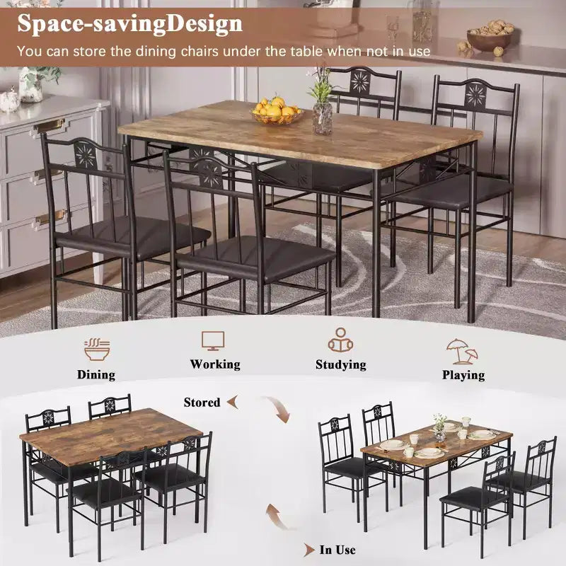 Ensembles table et chaises de salle à manger/cuisine en bois avec coussins en PU pour petit espace, marron rétro – Sanzelize Design