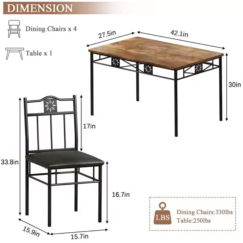 Ensembles table et chaises de salle à manger/cuisine en bois avec coussins en PU pour petit espace, marron rétro – Sanzelize Design