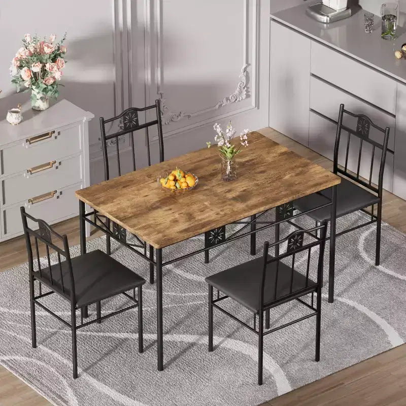Ensembles table et chaises de salle à manger/cuisine en bois avec coussins en PU pour petit espace, marron rétro – Sanzelize Design
