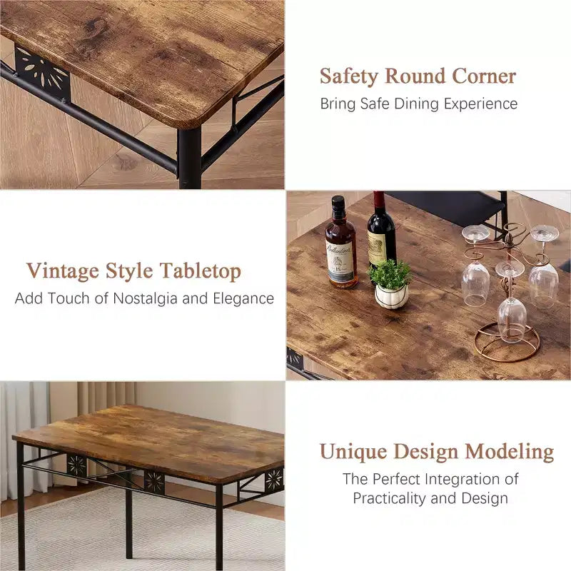 Ensembles table et chaises de salle à manger/cuisine en bois avec coussins en PU pour petit espace, marron rétro – Sanzelize Design