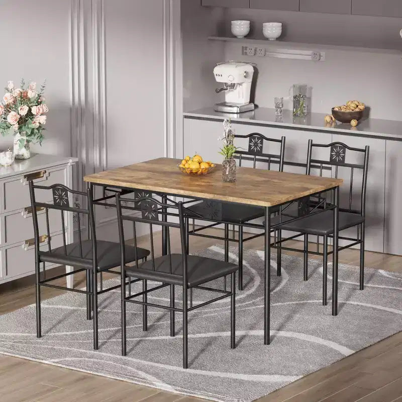 Ensembles table et chaises de salle à manger/cuisine en bois avec coussins en PU pour petit espace, marron rétro – Sanzelize Design