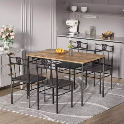 Ensembles table et chaises de salle à manger/cuisine en bois avec coussins en PU pour petit espace, marron rétro – Sanzelize Design