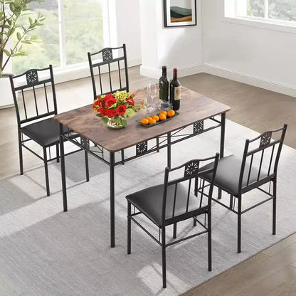 Ensembles table et chaises de salle à manger/cuisine en bois avec coussins en PU pour petit espace, marron rétro – Sanzelize Design