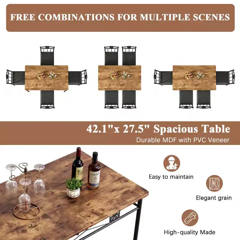 Ensembles table et chaises de salle à manger/cuisine en bois avec coussins en PU pour petit espace, marron rétro – Sanzelize Design