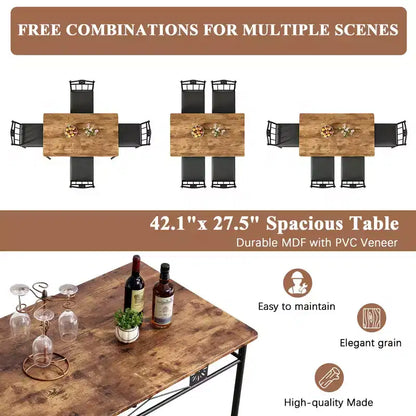 Ensembles table et chaises de salle à manger/cuisine en bois avec coussins en PU pour petit espace, marron rétro – Sanzelize Design