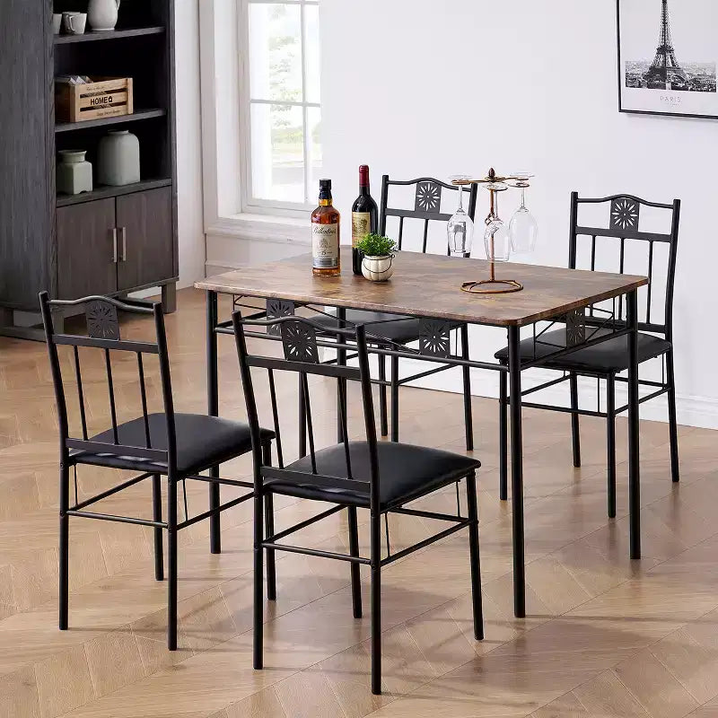 Ensembles table et chaises de salle à manger/cuisine en bois avec coussins en PU pour petit espace, marron rétro – Sanzelize Design