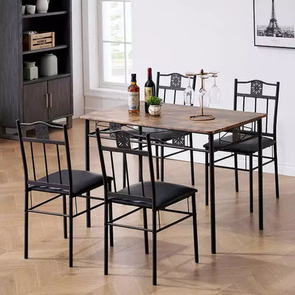 Ensembles table et chaises de salle à manger/cuisine en bois avec coussins en PU pour petit espace, marron rétro – Sanzelize Design