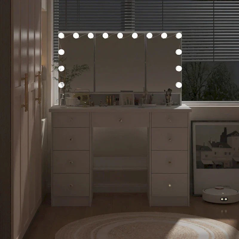 Coiffeuse LED de luxe avec 9 tiroirs, station de maquillage élégante – Sanzelize Design