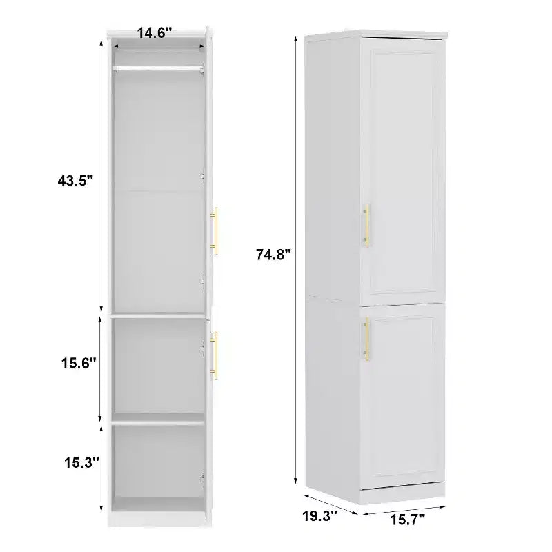 Penderie modulaire de luxe blanche avec ferrures dorées: portes à panneaux + conception à portes mixtes – Sanzelize Design