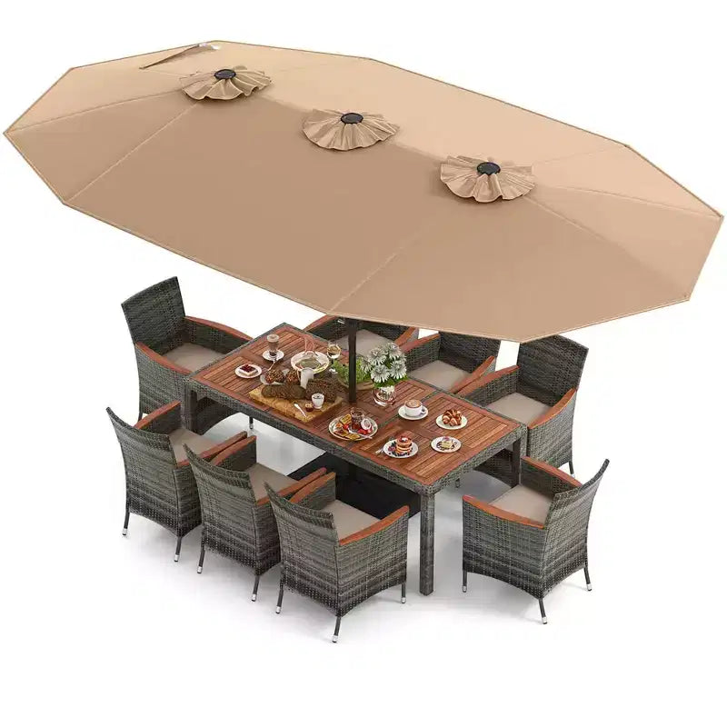 Ensemble de salle à manger d'extérieur en osier 10 pièces avec parasol double face 8 fauteuils – Sanzelize Design