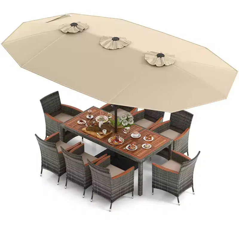 Ensemble de salle à manger d'extérieur en osier 10 pièces avec parasol double face 8 fauteuils – Sanzelize Design