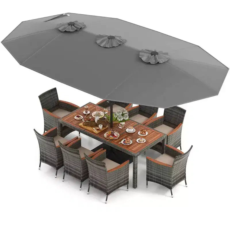 Ensemble de salle à manger d'extérieur en osier 10 pièces avec parasol double face 8 fauteuils – Sanzelize Design