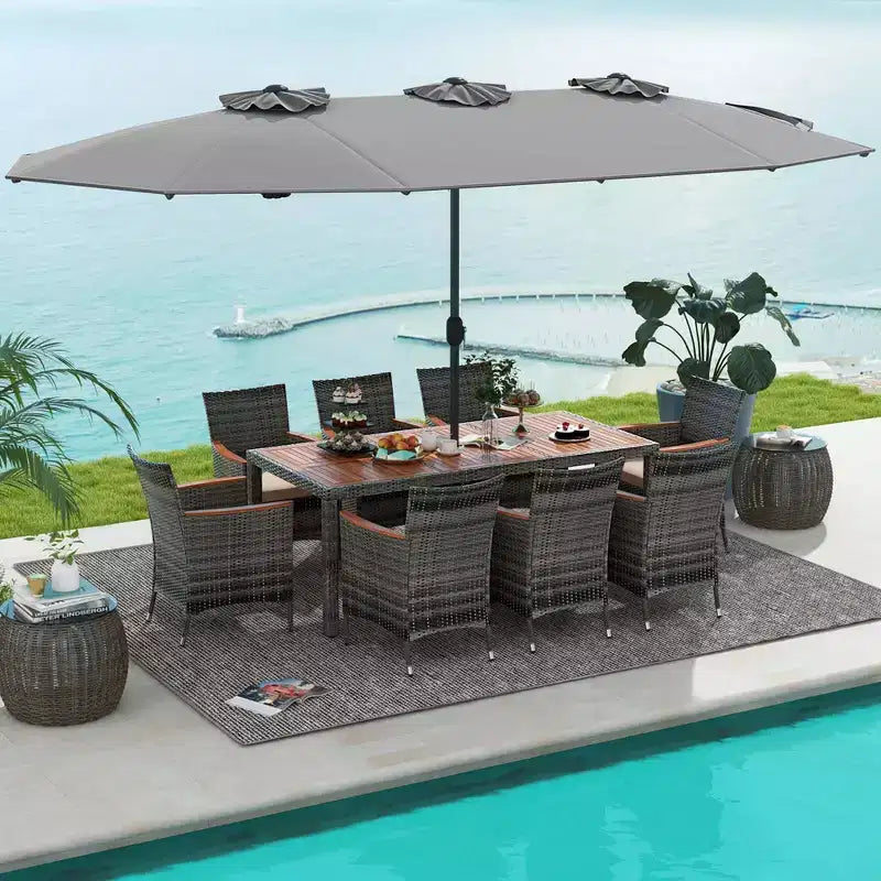 Ensemble de salle à manger d'extérieur en osier 10 pièces avec parasol double face 8 fauteuils – Sanzelize Design