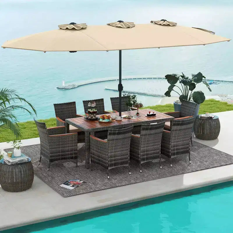 Ensemble de salle à manger d'extérieur en osier 10 pièces avec parasol double face 8 fauteuils – Sanzelize Design