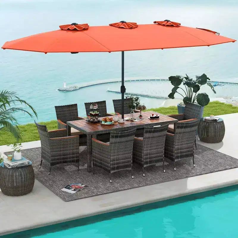 Ensemble de salle à manger d'extérieur en osier 10 pièces avec parasol double face 8 fauteuils – Sanzelize Design