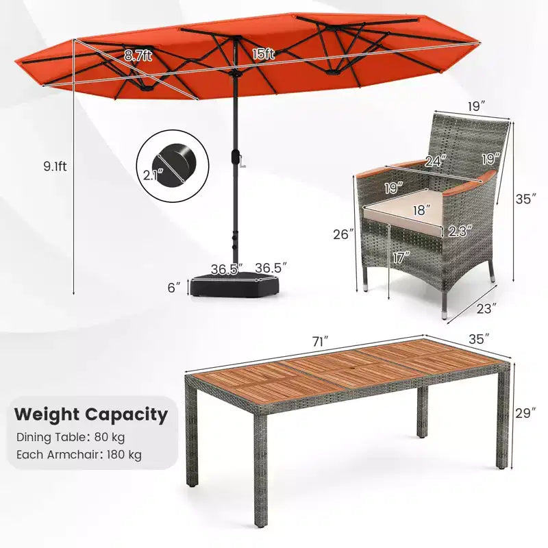 Ensemble de salle à manger d'extérieur en osier 10 pièces avec parasol double face 8 fauteuils – Sanzelize Design