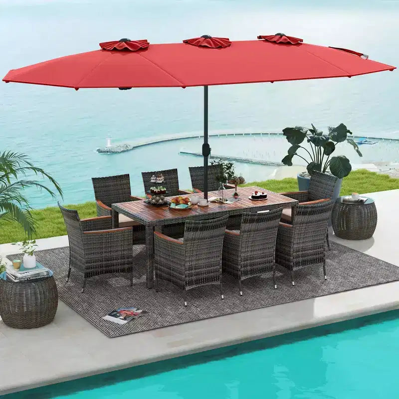 Ensemble de salle à manger d'extérieur en osier 10 pièces avec parasol double face 8 fauteuils – Sanzelize Design