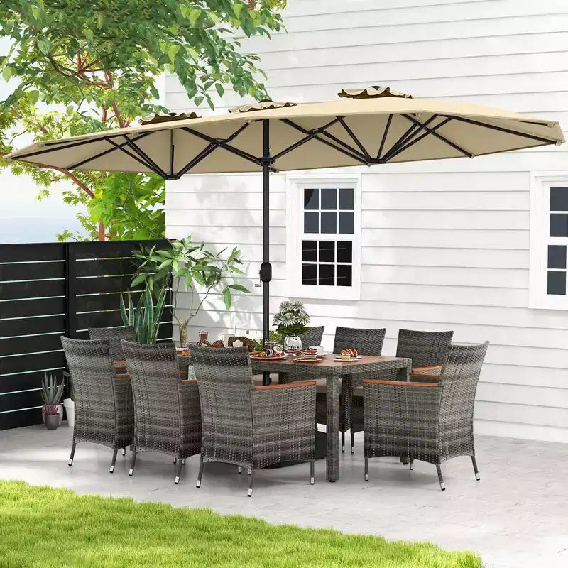 Ensemble de salle à manger d'extérieur en osier 10 pièces avec parasol double face 8 fauteuils – Sanzelize Design