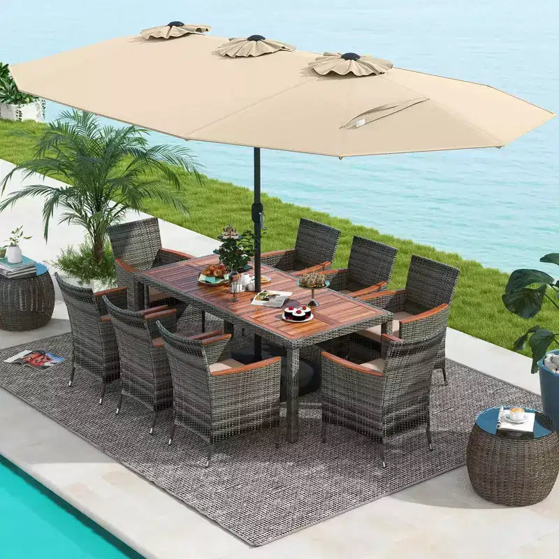 Ensemble de salle à manger d'extérieur en osier 10 pièces avec parasol double face 8 fauteuils – Sanzelize Design