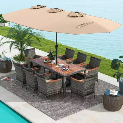 Ensemble de salle à manger d'extérieur en osier 10 pièces avec parasol double face 8 fauteuils – Sanzelize Design