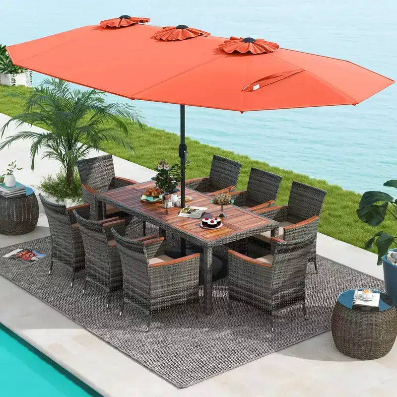 Ensemble de salle à manger d'extérieur en osier 10 pièces avec parasol double face 8 fauteuils – Sanzelize Design