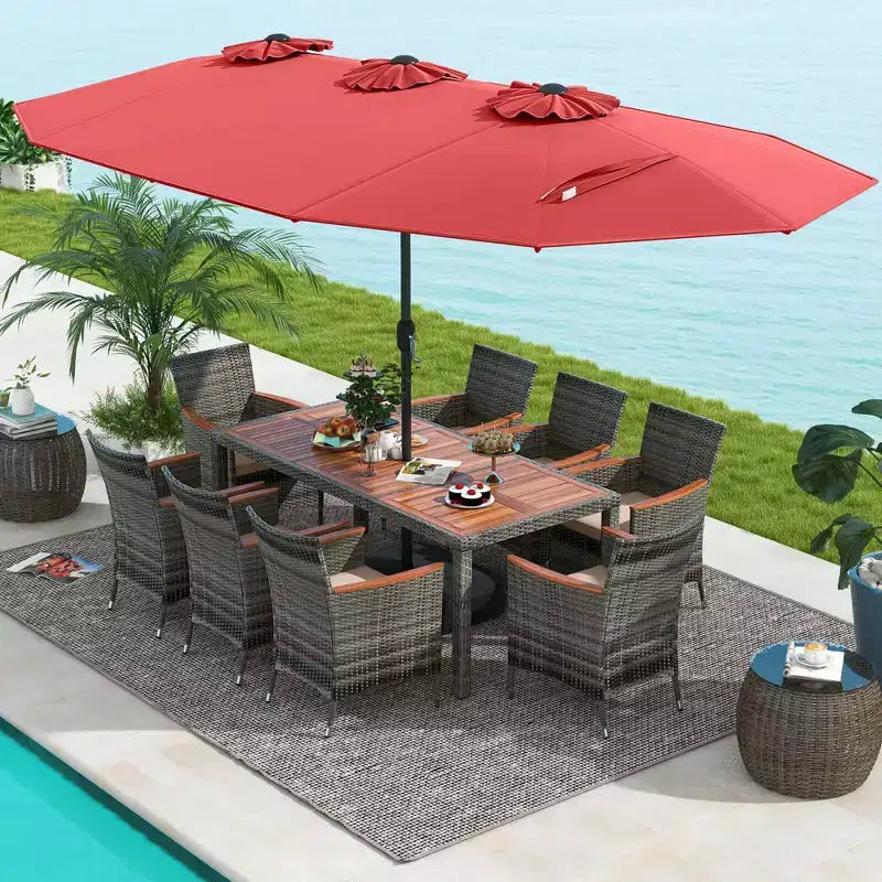 Ensemble de salle à manger d'extérieur en osier 10 pièces avec parasol double face 8 fauteuils – Sanzelize Design