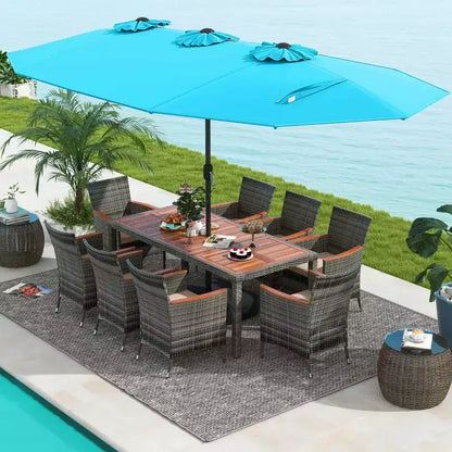Ensemble de salle à manger d'extérieur en osier 10 pièces avec parasol double face 8 fauteuils – Sanzelize Design