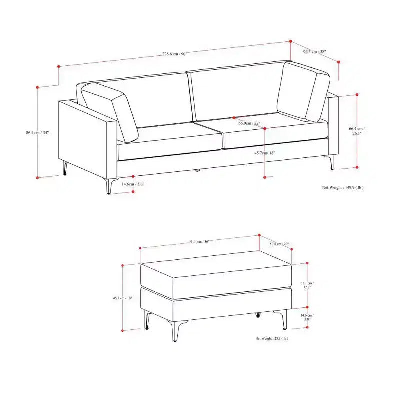 Ensemble canapé mi-siècle et pouf Lana 229 cm – Sanzelize Design
