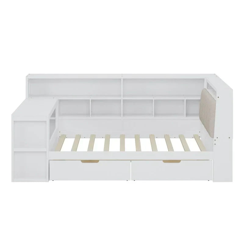 Canapé-lit d'angle en bois en forme de L avec bureau, bibliothèque, lit d'angle avec tiroirs de rangement – Sanzelize Design
