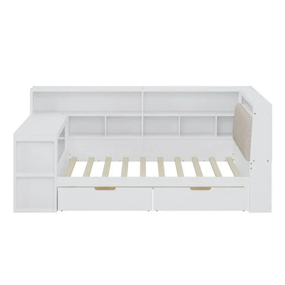 Canapé-lit d'angle en bois en forme de L avec bureau, bibliothèque, lit d'angle avec tiroirs de rangement – Sanzelize Design