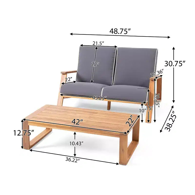 Paloma Canapé deux places et table d'extérieur en bois d'acacia avec coussins – Sanzelize Design