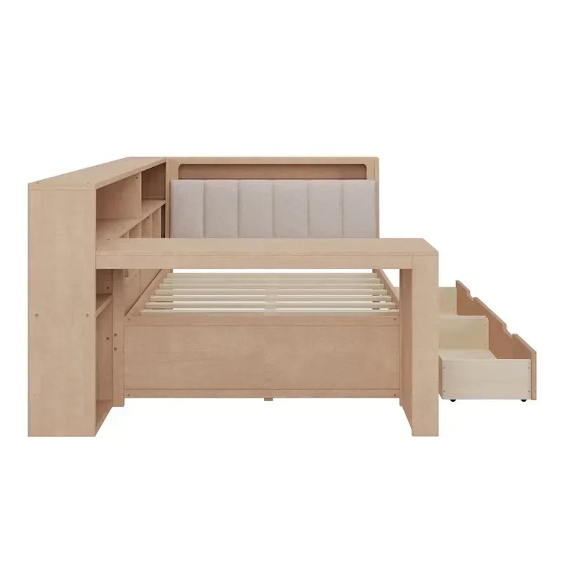 Canapé-lit d'angle en bois en forme de L avec bureau, bibliothèque, lit d'angle avec tiroirs de rangement – Sanzelize Design