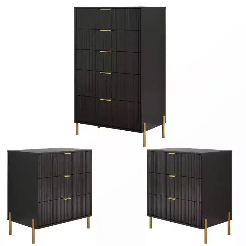 Ensemble 3 tables de chevet à 3 tiroirs et 1 commode à 5 tiroirs Élégance Moderne – Sanzelize Design