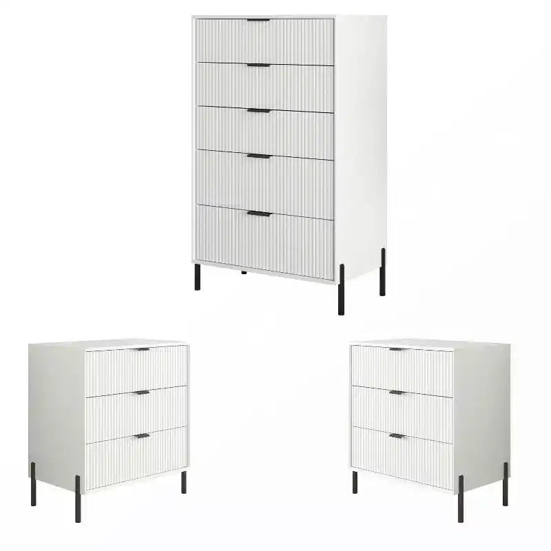 Ensemble 3 tables de chevet à 3 tiroirs et 1 commode à 5 tiroirs Élégance Moderne – Sanzelize Design
